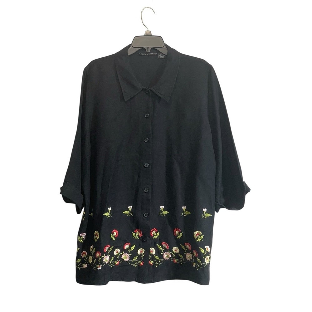 Larry Levine Linen Tunic Top 22W Black Floral Embroidery Button Up Artsy Cottage